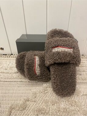 Balenciaga Kids Brown Fuzzy Slide Slippers